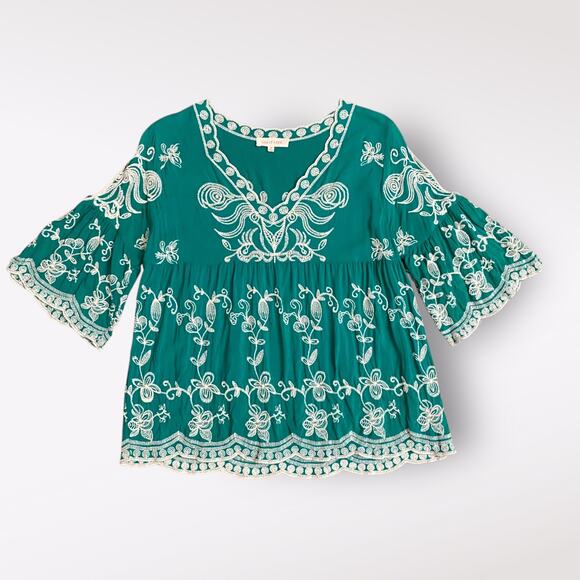 Solitaire Boho Emerald Green Embroidered Floral Cold Shoulder Top Size M Boho‎ - Picture 1 of 9
